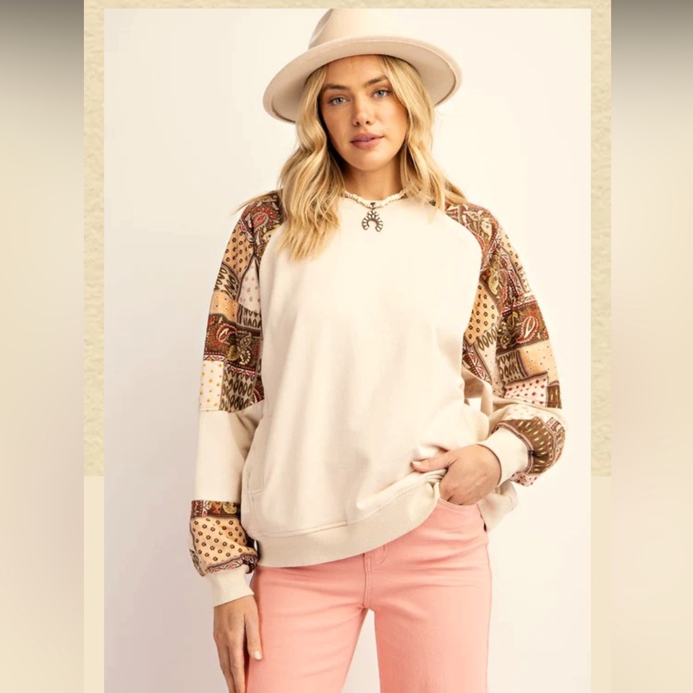 Easel Cream and Brown Patterned Sleeve Sweatshirt